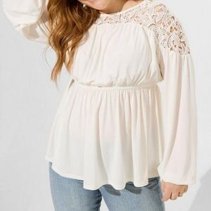 Torrid Studio Crepe Crew Neck Lace Yoke Babydoll Top 2x